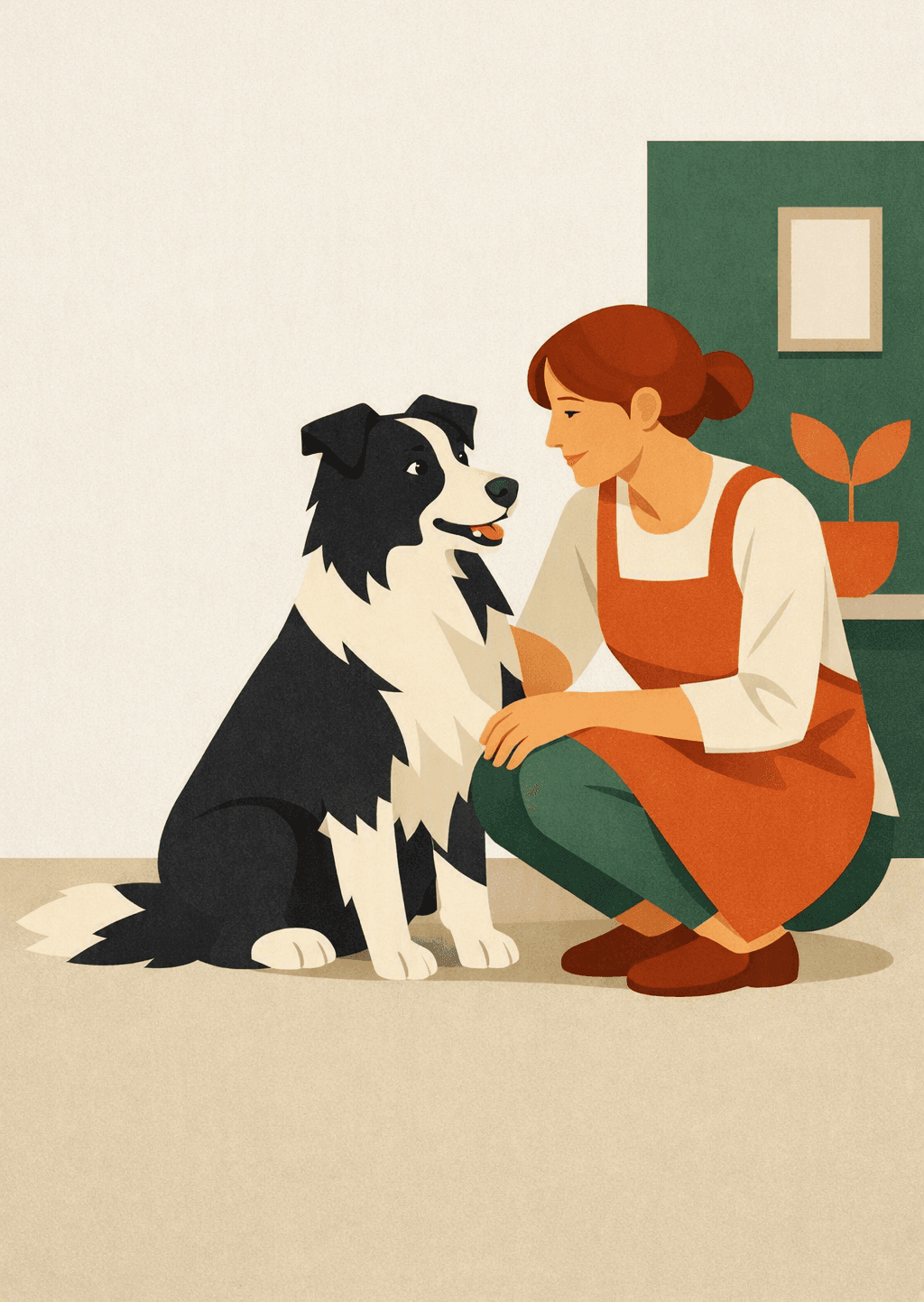 Illustration av personal på ett hunddagis som hälsar på en border collie